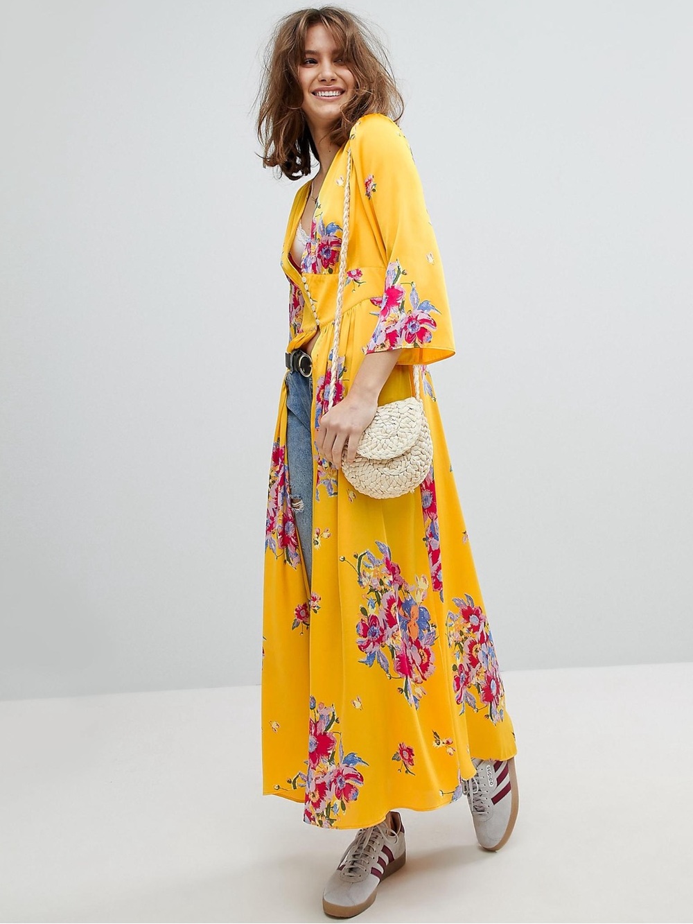 Free People Alexa Sun Yellow Floral Maxi Duster Button Front Small Boho Flowy